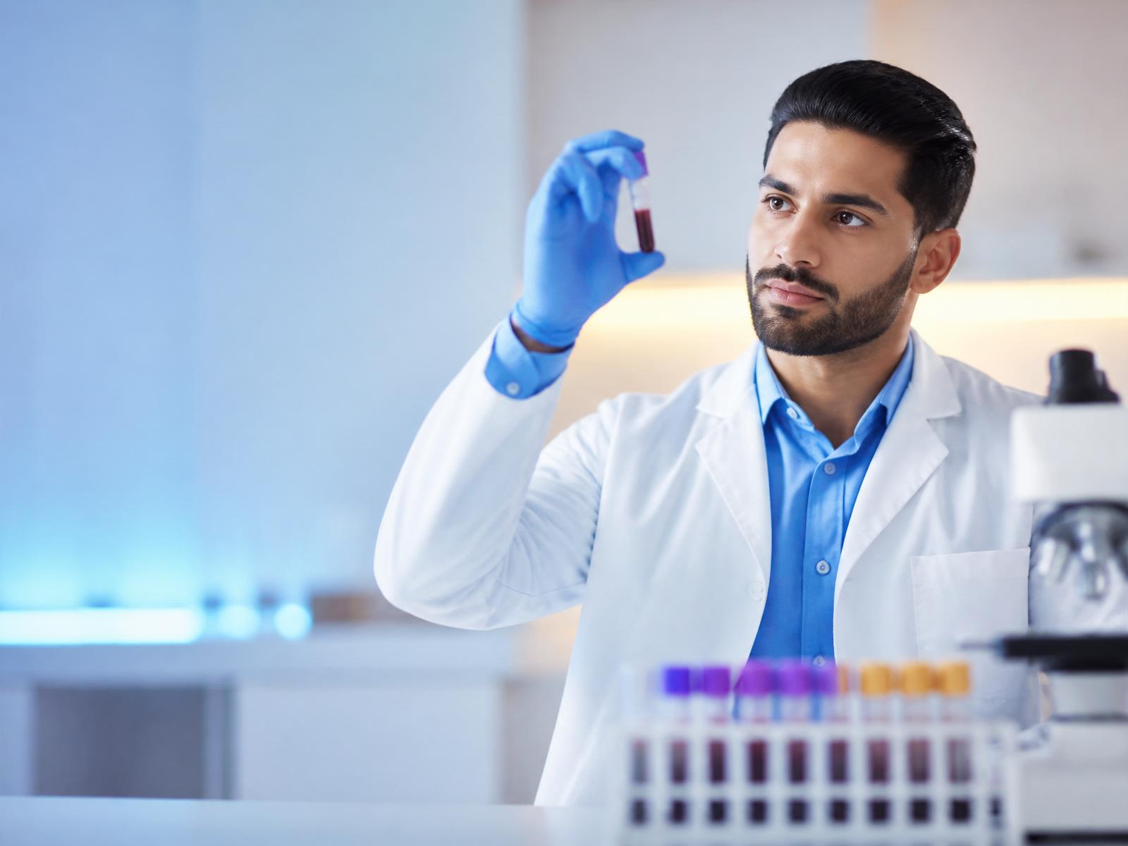 Scientist examining a blood sample vial in a Dr PathLabs laboratory